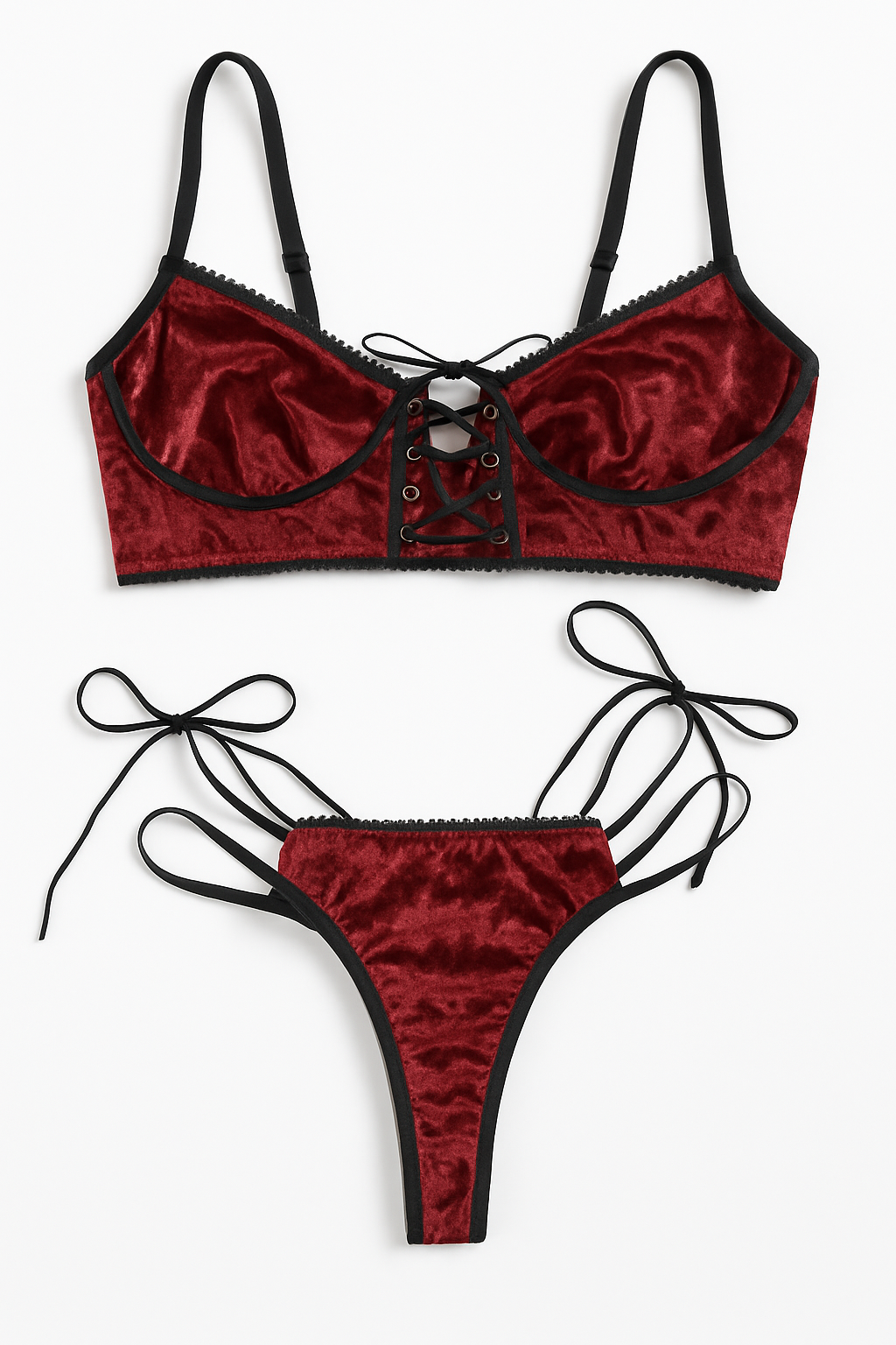 Crimson Velour Lace-Up Bralette Set-Red-L-Bras and Briefs-StylinArts
