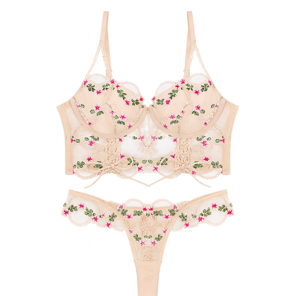 Floralis Serenya Embroidered Corset Lingerie Set-Khaki-L-Bras and Briefs-StylinArts