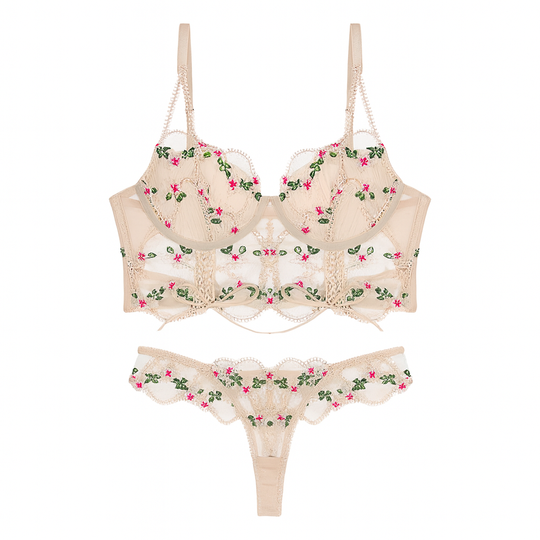 Floralis Serenya Embroidered Corset Lingerie Set-Khaki-L-Bras and Briefs-StylinArts