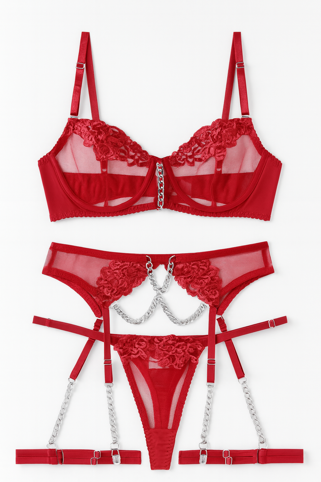 Serpentine Chain Seductress Lingerie Set-Red-L-Bras and Briefs-StylinArts