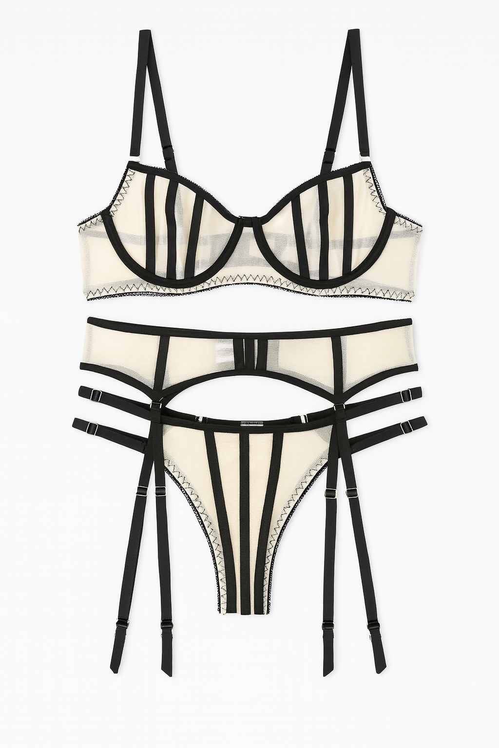 Nocturne Frame Sheer Cage Garter Lingerie Set-Black-L-Bras and Briefs-StylinArts