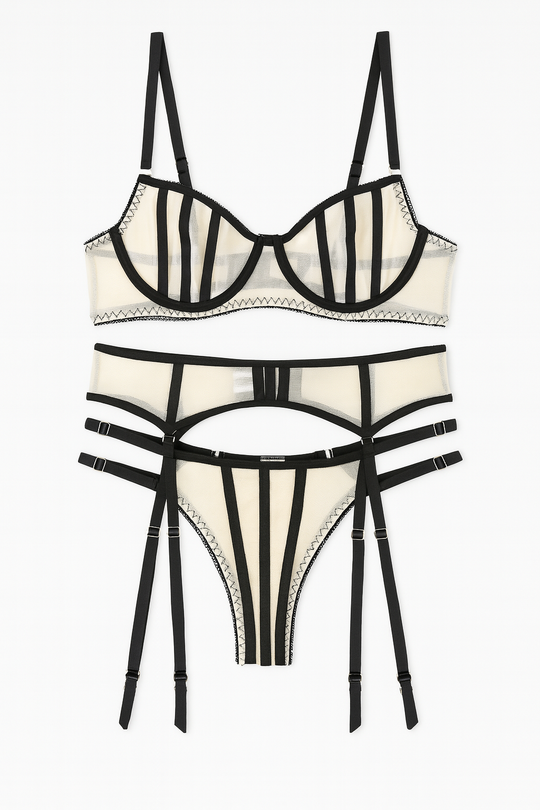 Nocturne Frame Sheer Cage Garter Lingerie Set-Black-L-Bras and Briefs-StylinArts