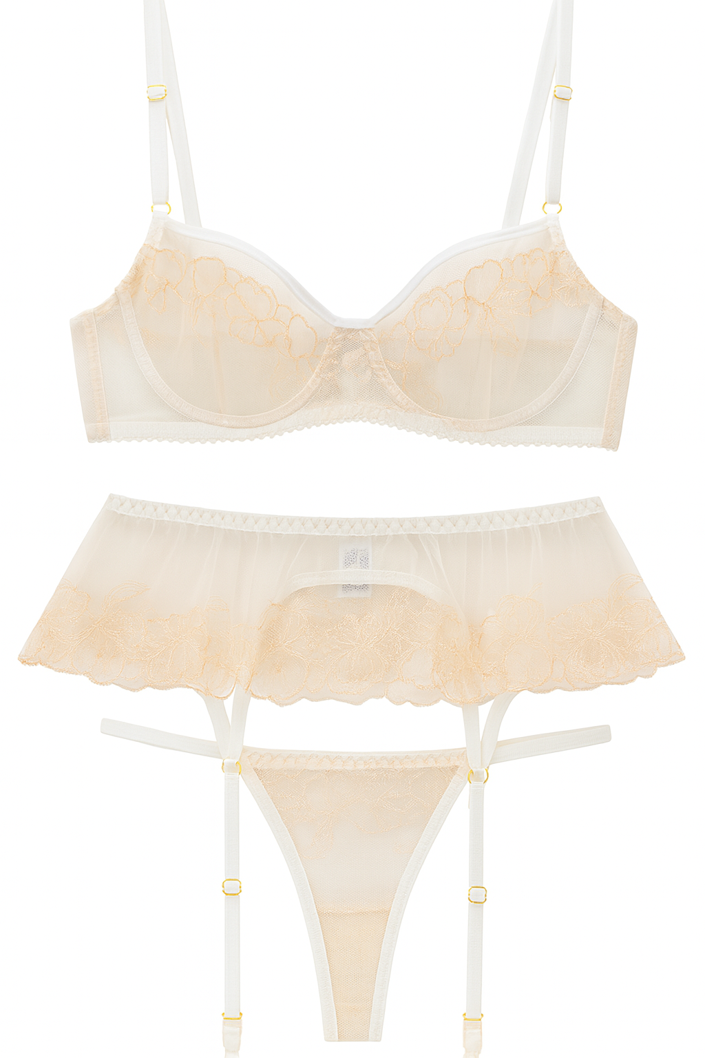 Éloria Veil Sheer Lace Garter Lingerie Set-Beige-L-Bras and Briefs-StylinArts
