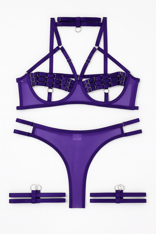 Violet Dominion Harness Lingerie Set-Purple-L-Bras and Briefs-StylinArts