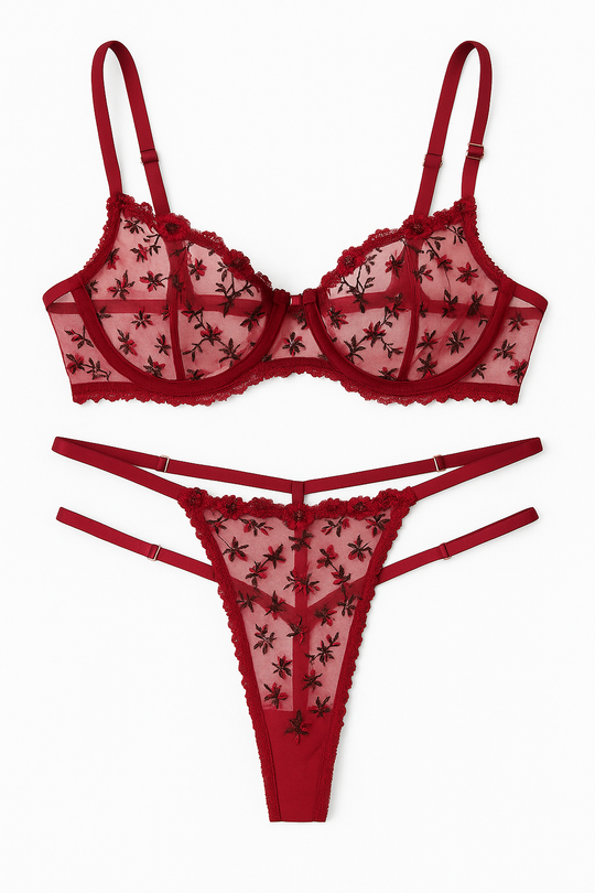 Rosabelle Embroidered Mesh Set-Wine Red-L-Bras and Briefs-StylinArts