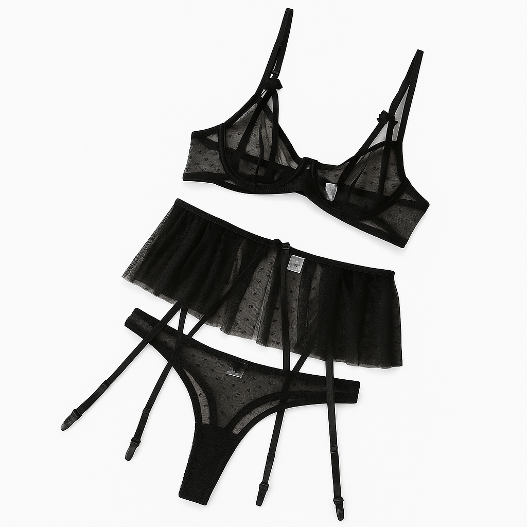 Amoria Heart Mesh Set-Black-L-Bras and Briefs-StylinArts