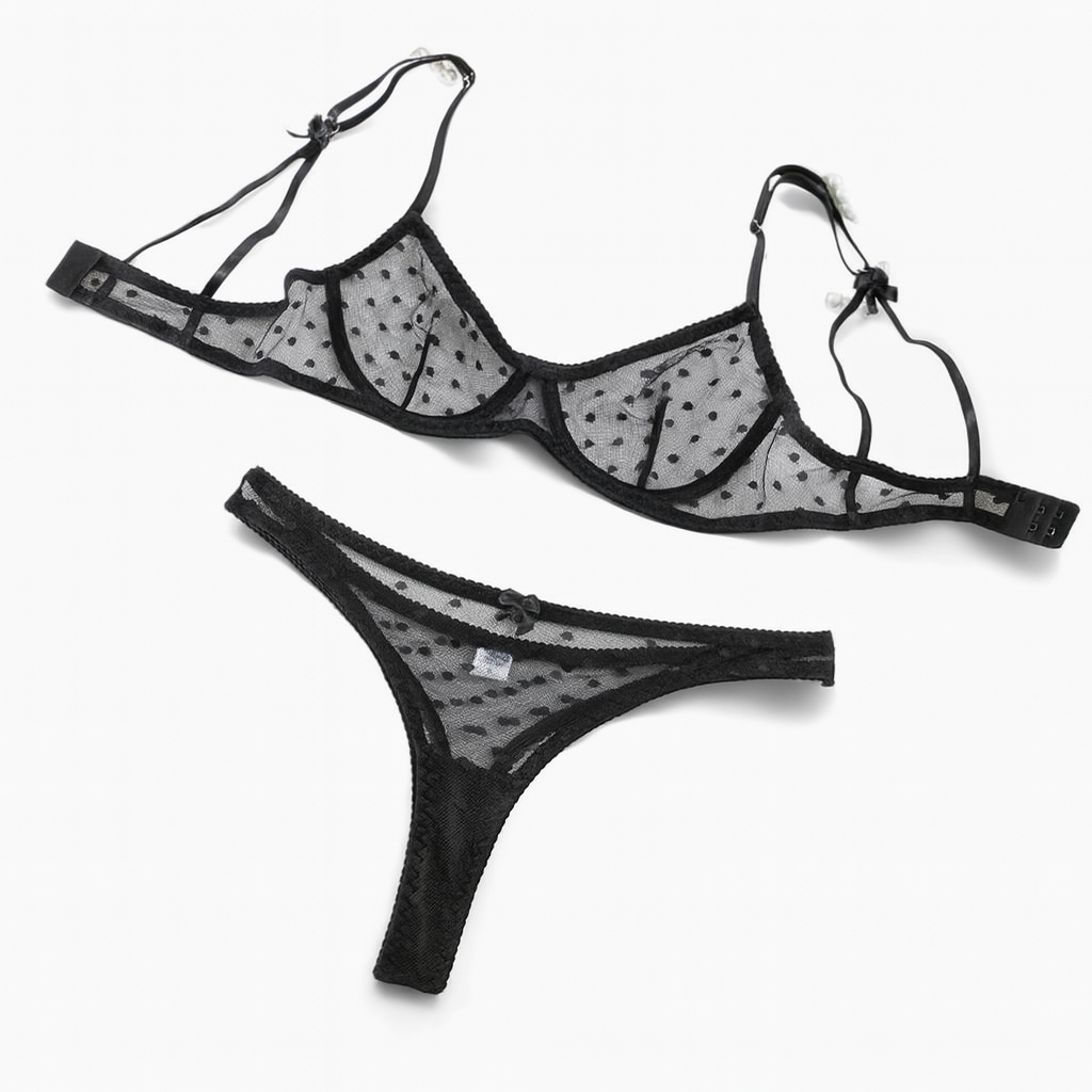 Amoria Heart Mesh Set-Black-L-Bras and Briefs-StylinArts