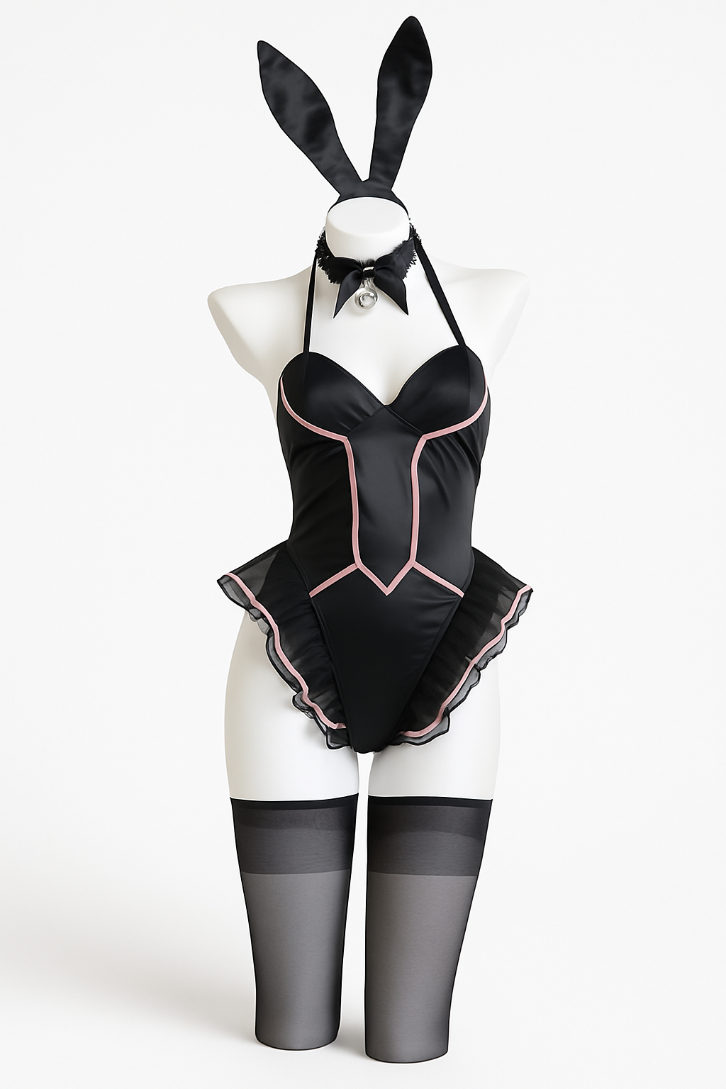 Midnight Temptress Bunny-Inspired Lingerie Set with Satin Bodice and Garter