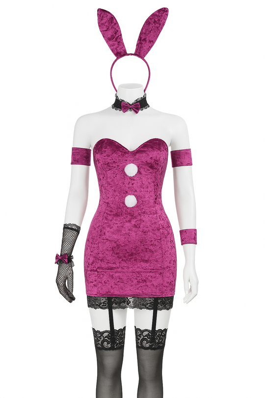 Velvet Bunny Temptress Costume – Magenta Crushed Velvet Dress with Ears, Choker & Garter Detail-Intimate Roleplay Outfits-StylinArts
