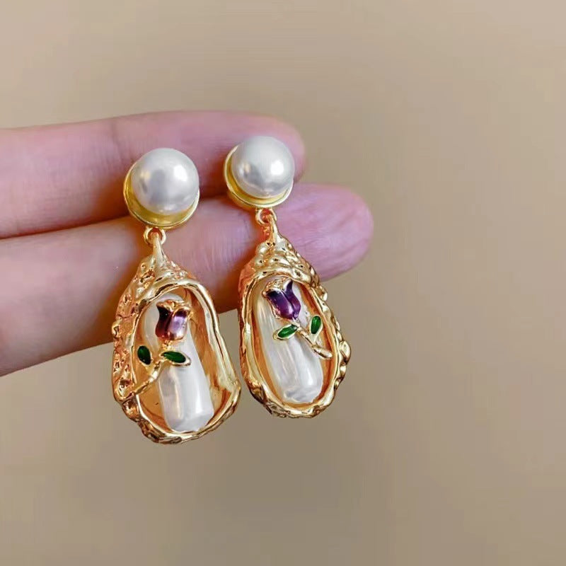 Eternal Blossom: Handcrafted Pearl & Gold Rose Earrings-Fashion Earrings-StylinArts