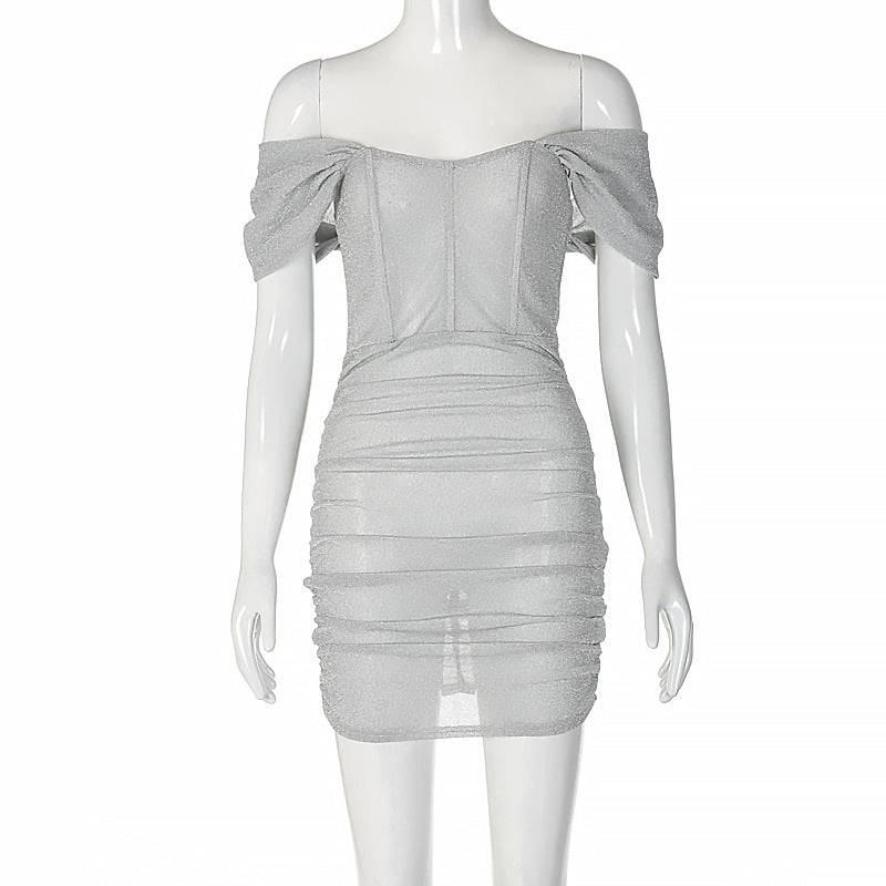 Chic Sheath Dress: Slim-Fit Pleated Sleeve Off-Shoulder Dress