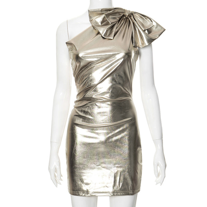 Glamour Bow: Metallic One-Shoulder Tight Dress - StylinArt