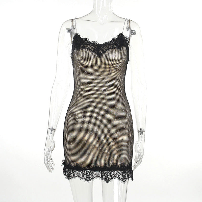 Radiant Elegance: Lace Rhinestone Strip Patchwork Dress - StylinArts