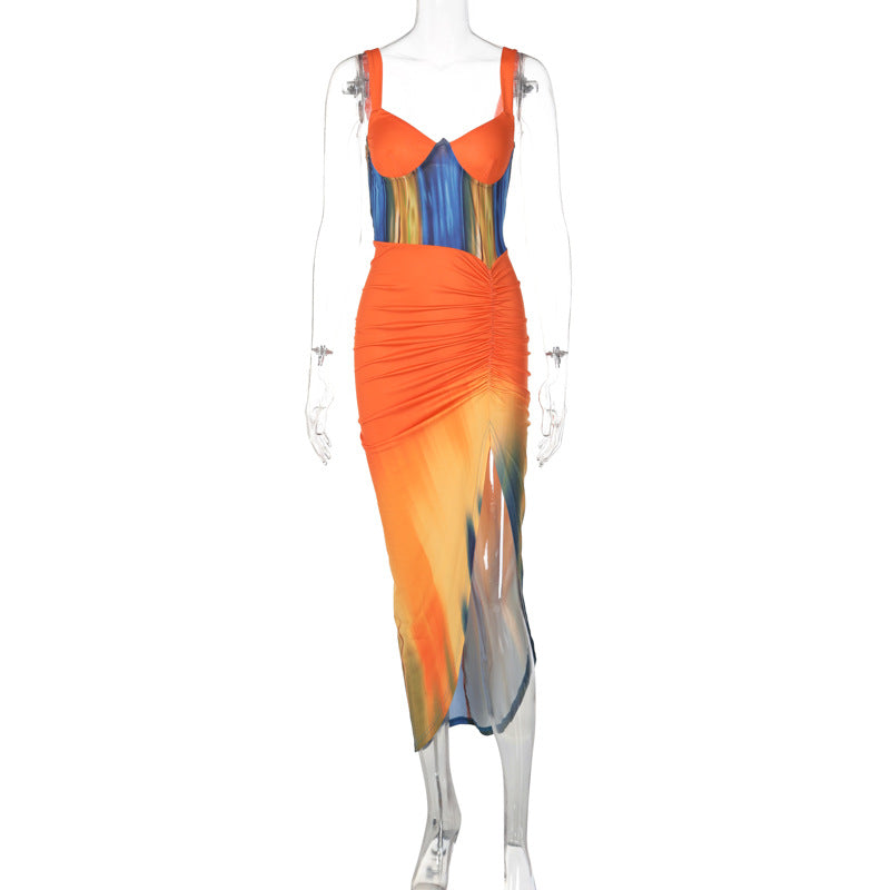 Chic Vibes: Summer Tie-Dyed Sheath Slim Dress with Split Sling - StylinArt