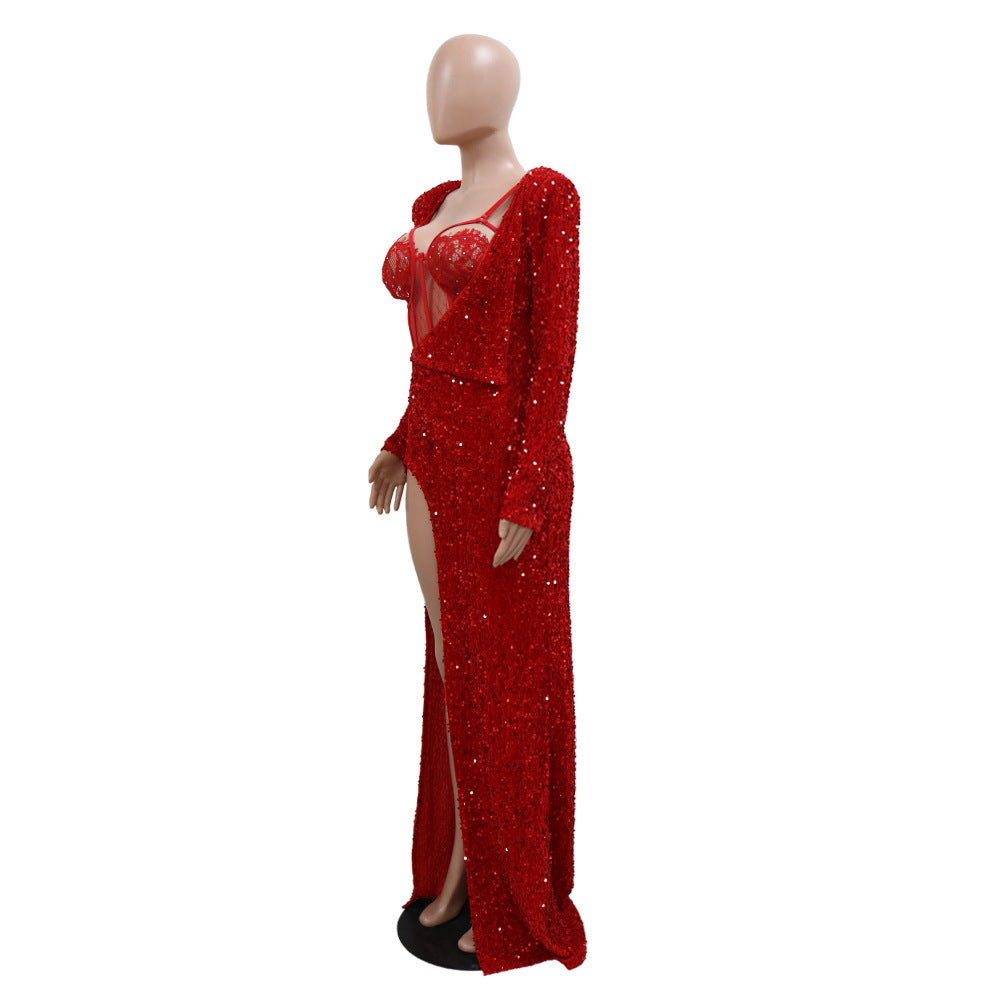 Chic Harmony: Sequin Maxi Dress with Slit-Asymmetrical Dress-StylinArts