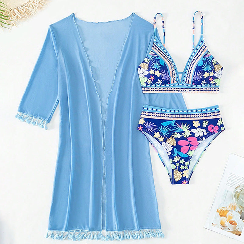 Sky Blue Printed Mesh Sunscreen Bikini Three-Piece Swimsuit-Retro Bikini-StylinArts