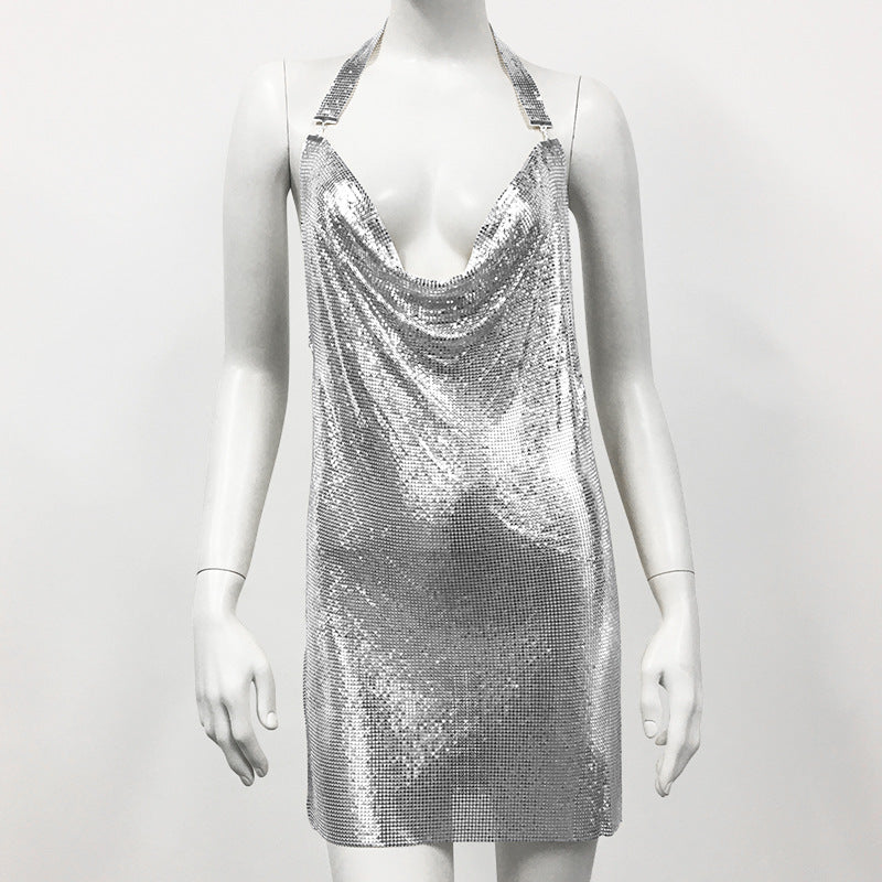 Sequined Metal Halterneck Cami Dress: Nightclub Party Dress - StylinArt