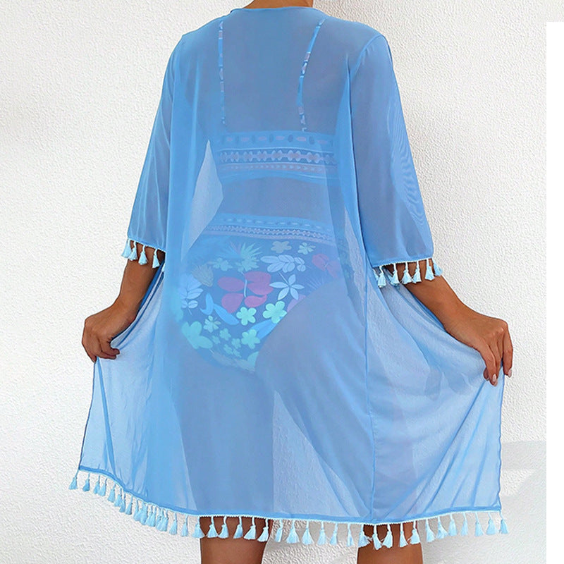 Sky Blue Printed Mesh Sunscreen Bikini Three-Piece Swimsuit - StylinArts