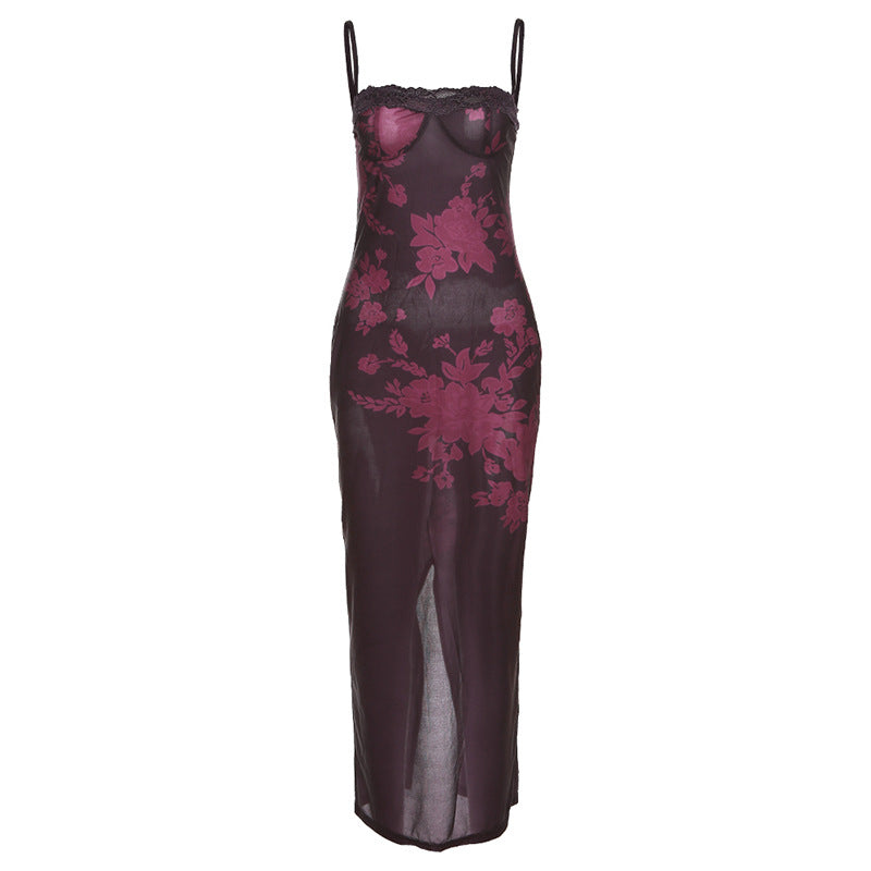 Retro Glam Lace Strap Slim Sheath Print Dress for Women - StylinArt