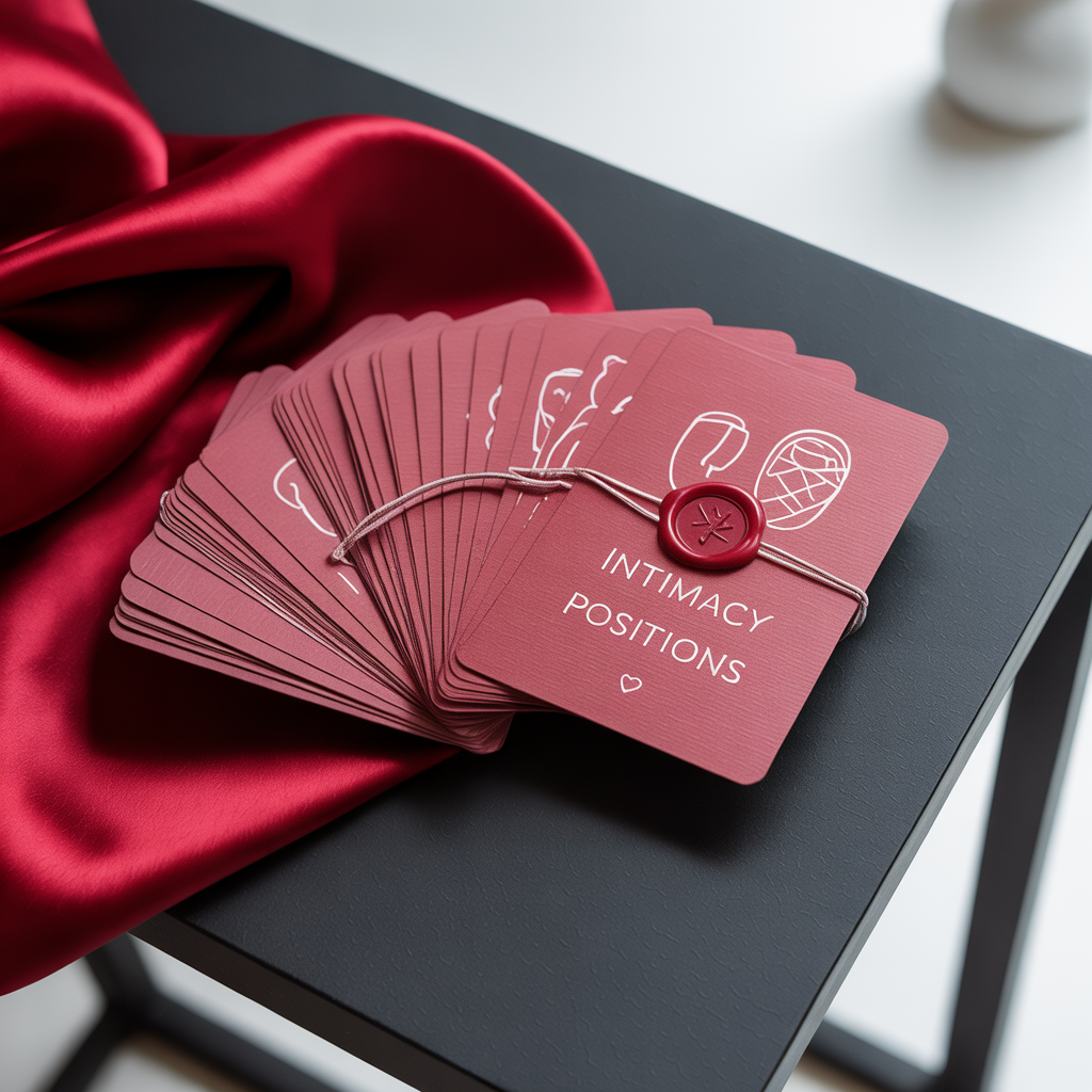 Sex-positions cards fanned on deep red satin with matte black accents