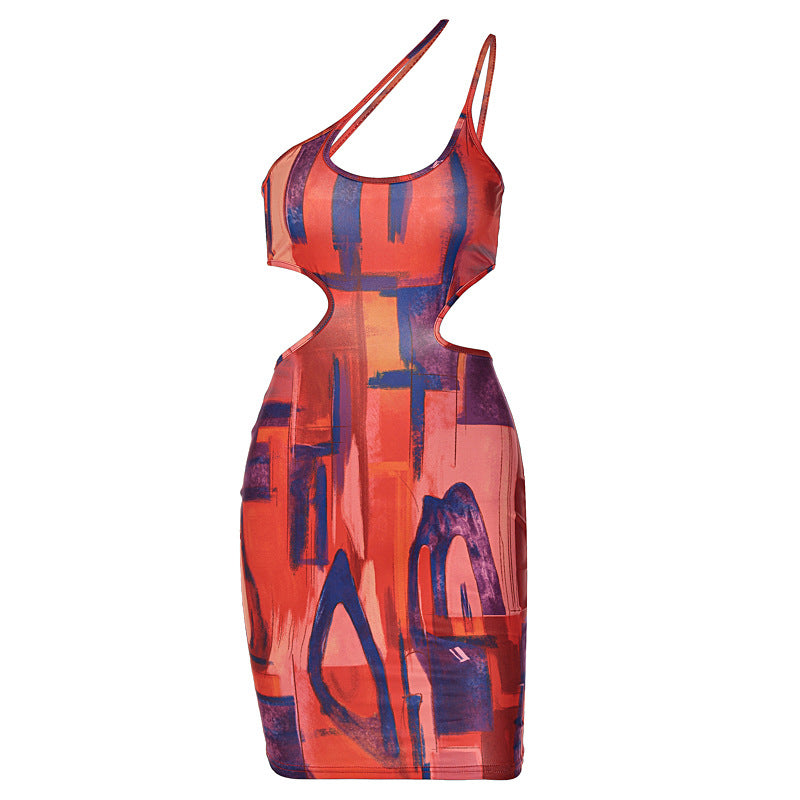 Floral Spring: Printed Hollow Out Cutout Oblique Shoulder Strap Dress-CutOut Dress-StylinArts