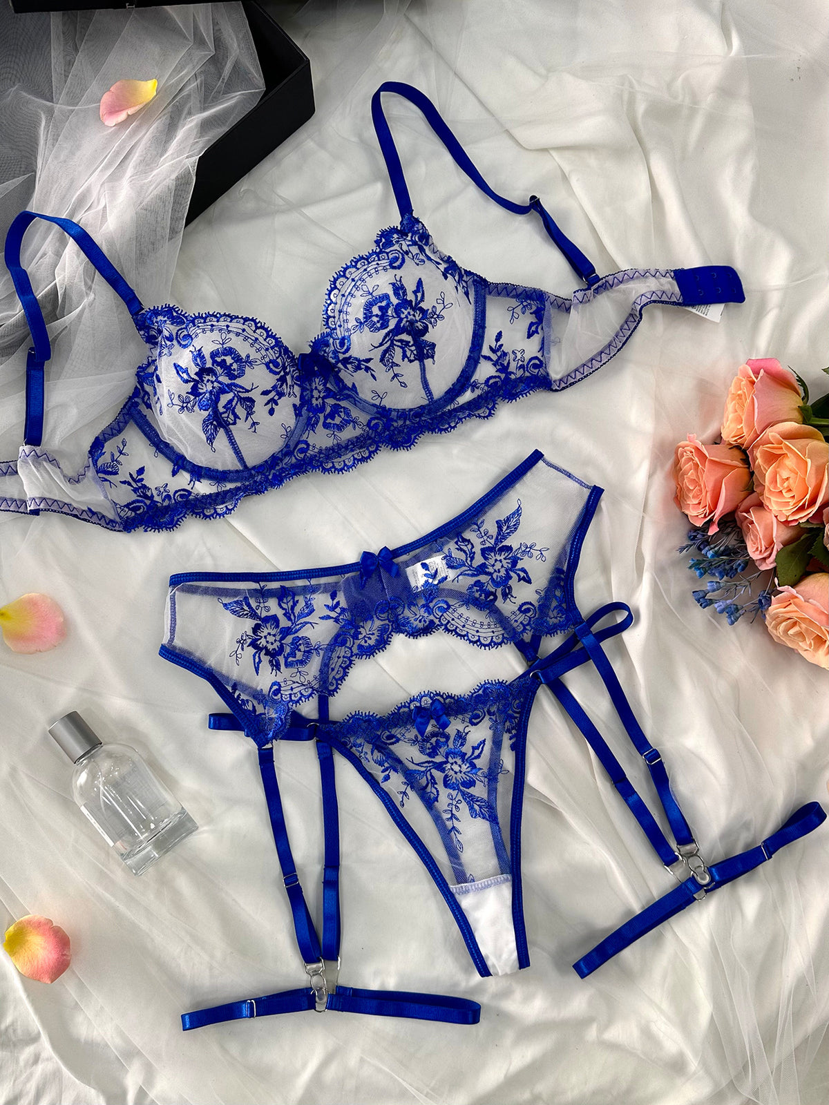 Empress Enchantment – Royal Blue and Black Lace Bra Set with Garter Belt