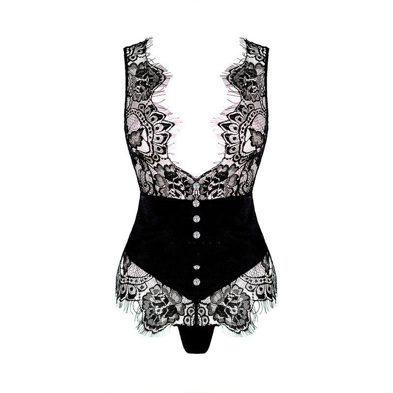 Opulent Temptress – Lace & Satin Bodysuit with Vintage Button Detailing