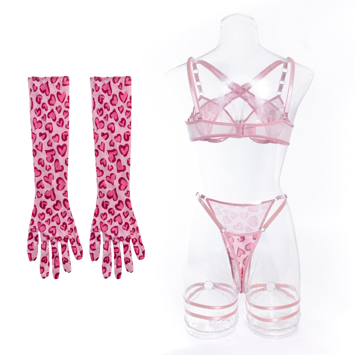 Playful Heart-Print Mesh Lingerie Set - StylinArts-Bras and Briefs-StylinArts