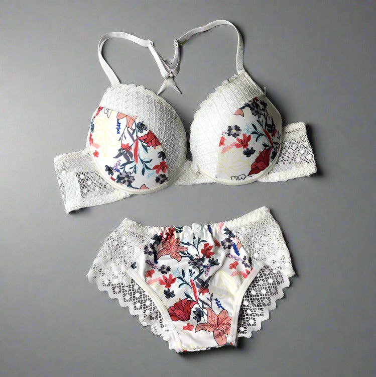 Floral Print Lace Deep V Bra and Panty Set - StylinArts-Bras and Briefs-StylinArts