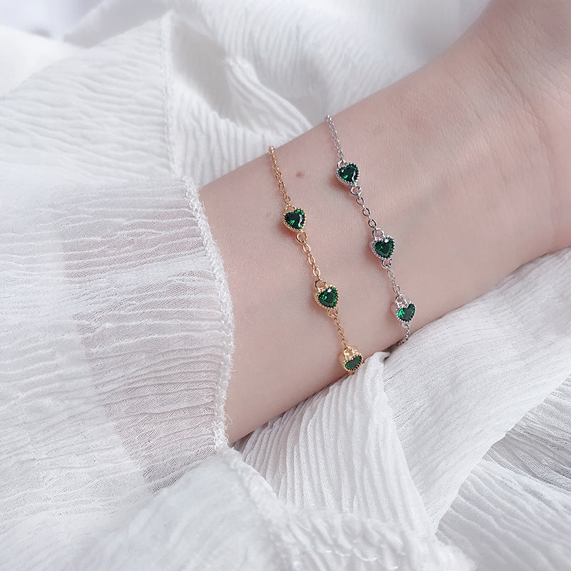 French Retro S925 Sterling Silver Three Lovely Emerald Gemstone Bracelet-Basques-StylinArts