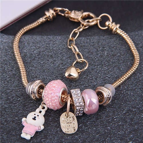 Adorable Rabbit and Love Theme Heart Beads High Fashion Women Wholesale Bracelet - Pink