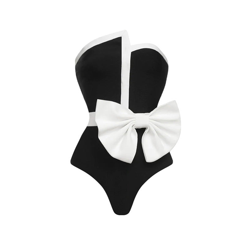 Monochrome Glam Bow One-Piece Swimsuit-One Piece-StylinArts