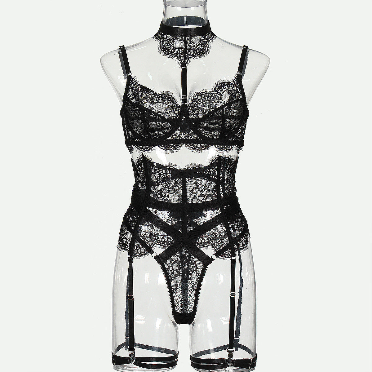 Ethereal Grace: Lace Corset Lingerie Set with Choker and Garter Straps