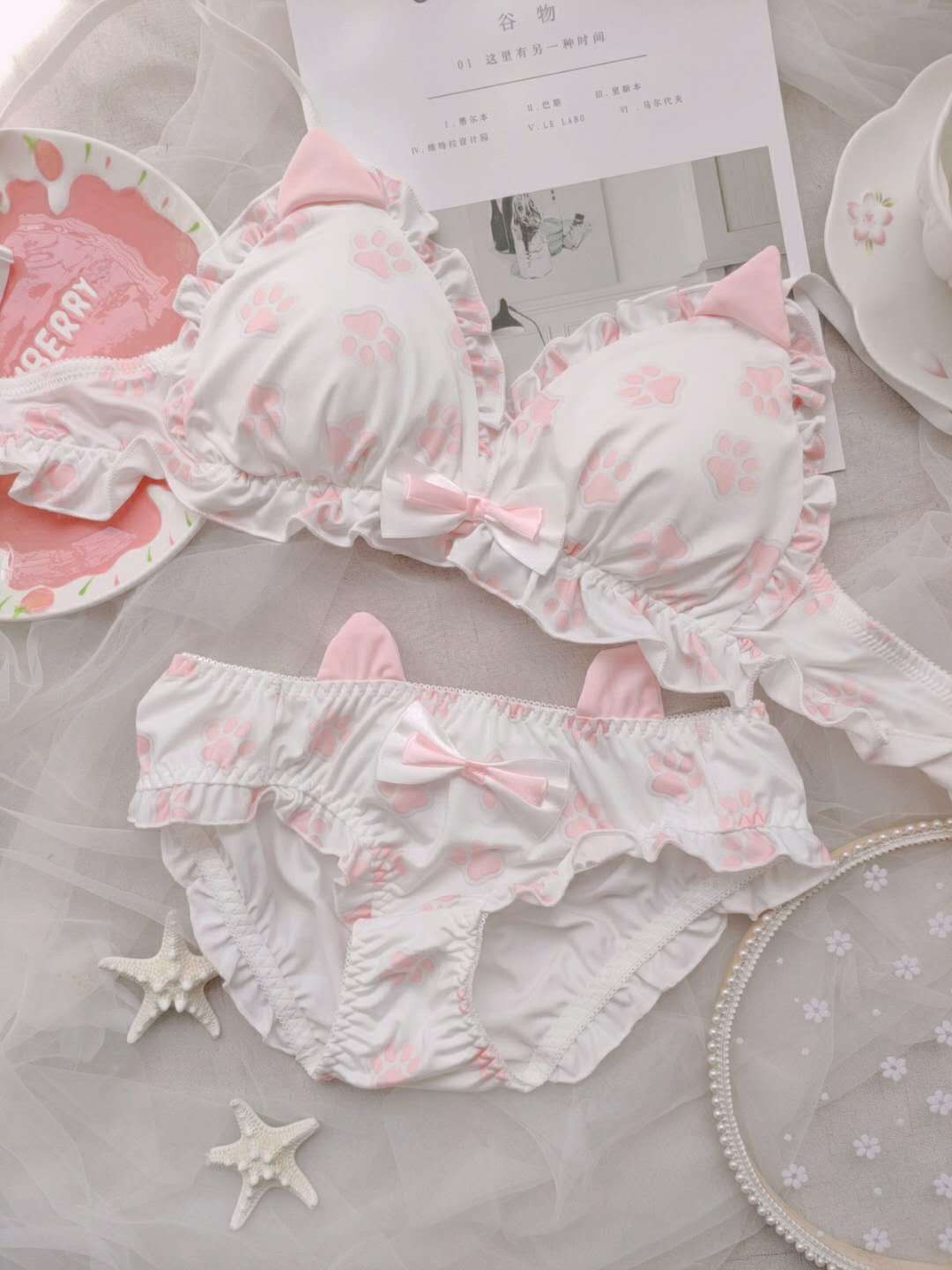 Playful Pink Paws Lively Triangle Cup Lingerie Set - StylinArts-Bras and Briefs-StylinArts