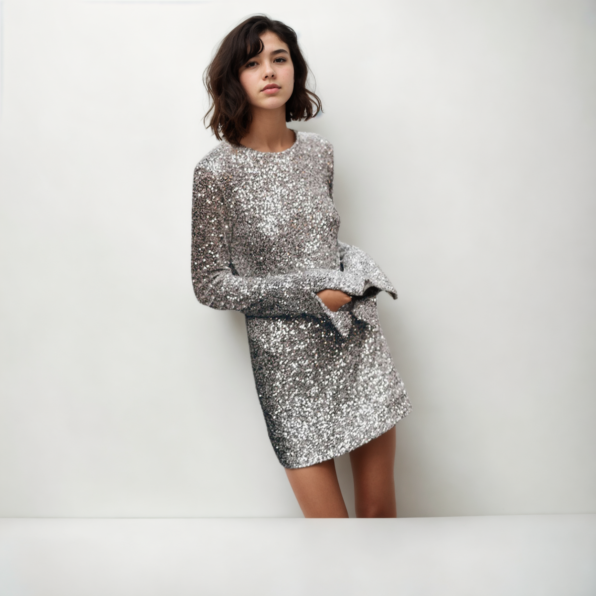 Starlit Glamour: Sequin Atmosphere Shiny Backless Long Sleeves Dress - StylinArts