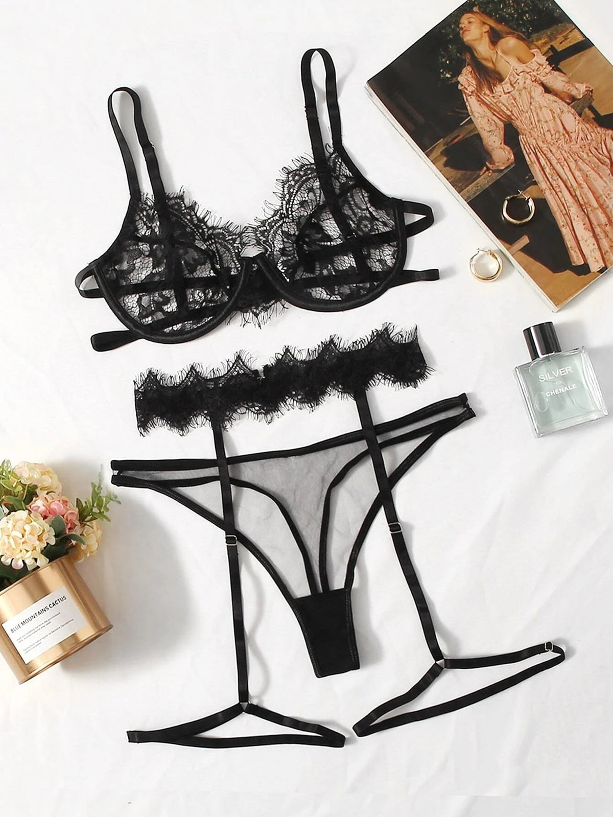 Black Embroidered Whispers of Passion Lingerie.-Basques-StylinArts