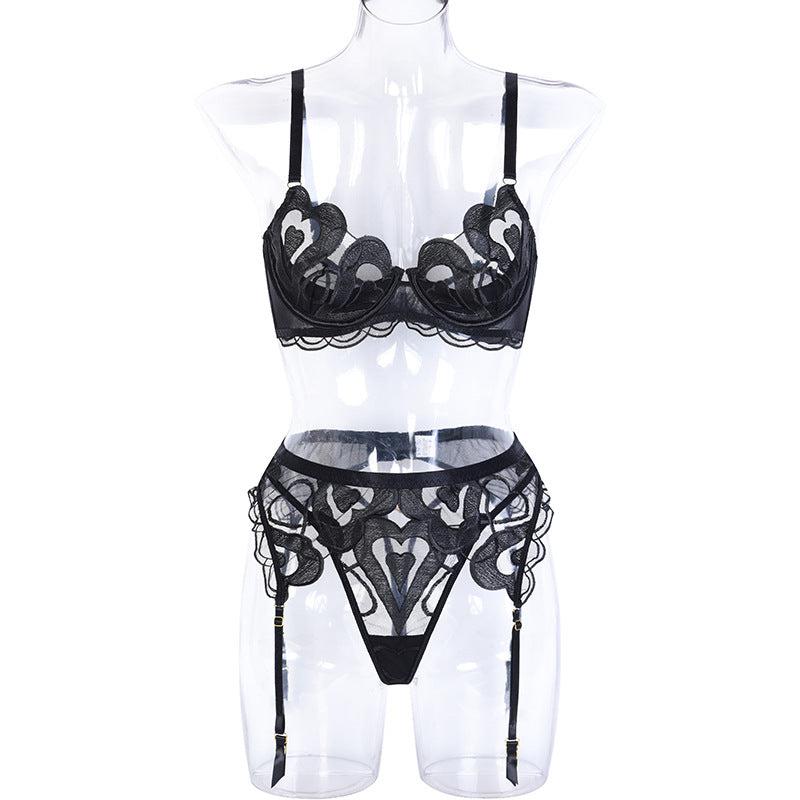 Ensemble Trésor: Mesh Embroidered Lingerie Set with Gathered Suspenders.-Basques-StylinArts