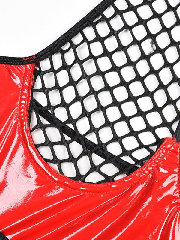 Role Playing - Fishnet Teddy Leather Halter Neck Bodysuit-Basques-StylinArts