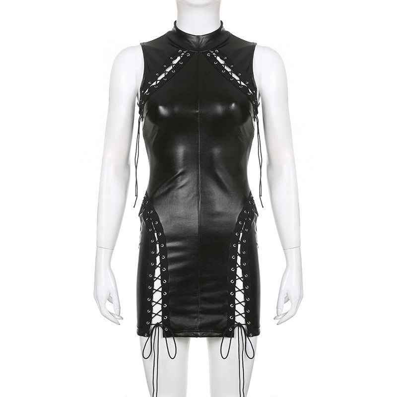 Sleek Elegance: Stand Collar Lace-up Sleeveless PU Leather Dress-Mini Dress-StylinArts