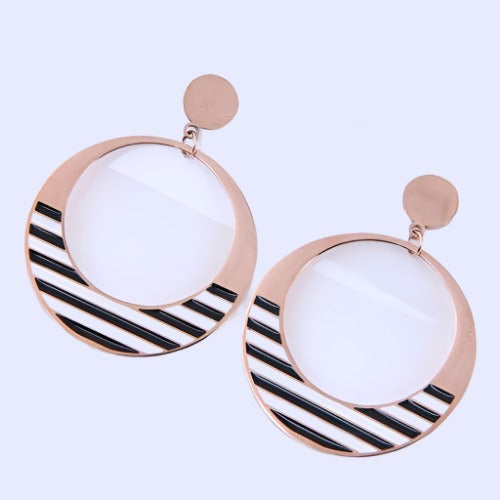 Black and White Stripes Circle Bold Fashion Women Titanium Steel Hoop Wholesale Earrings