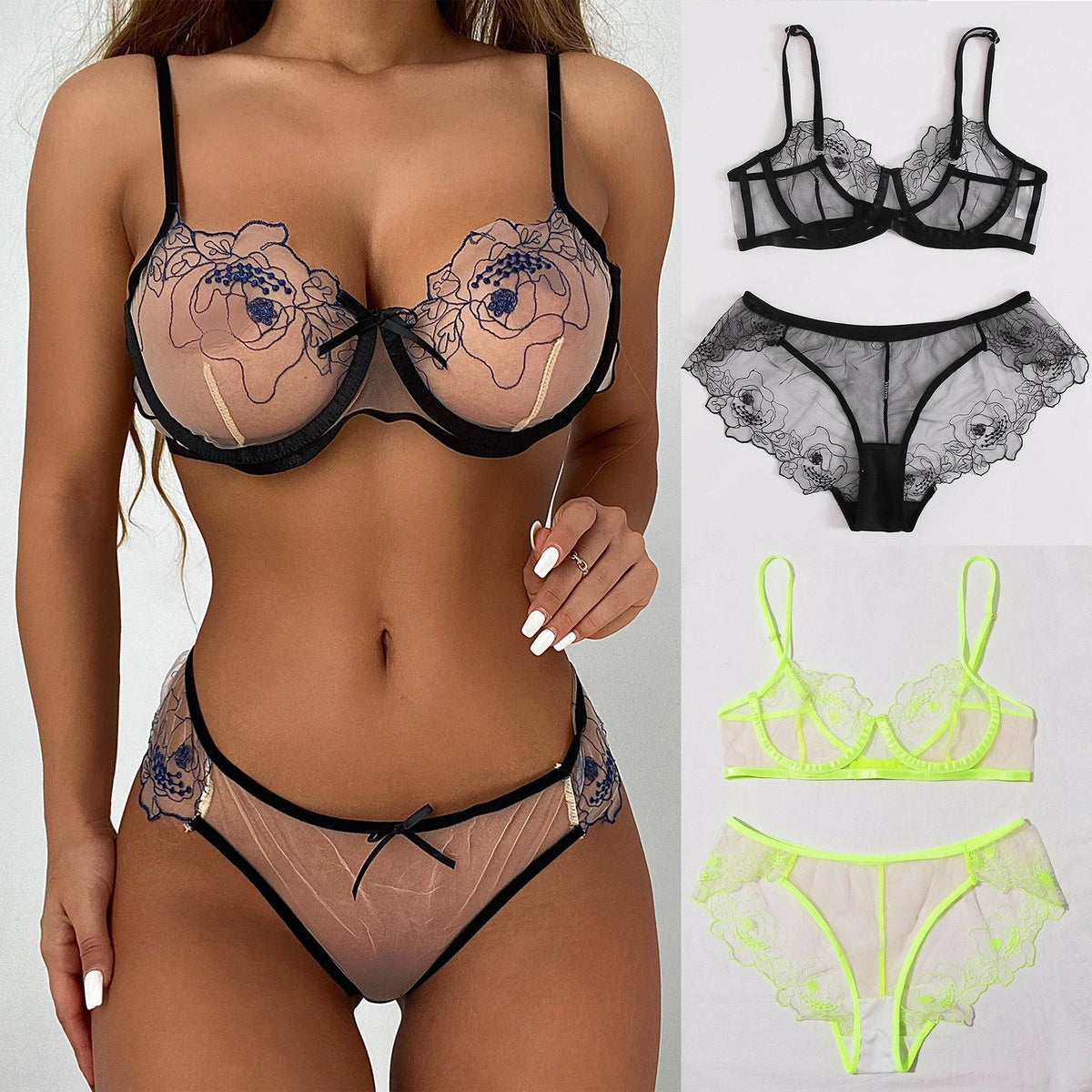 Delicate Embroidery Ensemble Sheer Lingerie Set.-Bras and Briefs-StylinArts