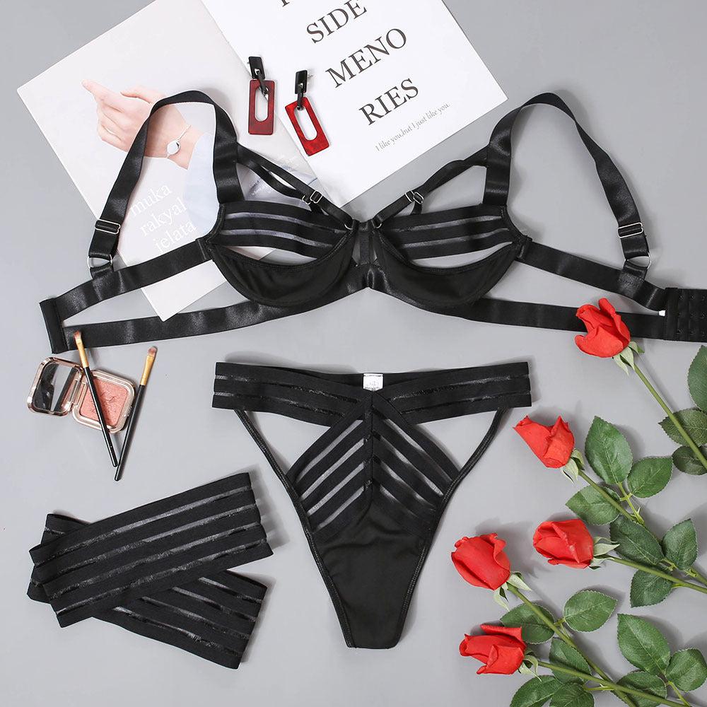 Black Ribbon With Foot Rings Lingerie Set.-Bras and Briefs-StylinArts