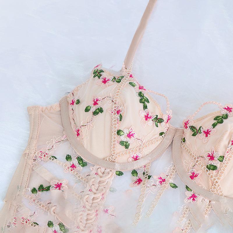 Khaki Floral Embroidery Set.-Bras and Briefs-StylinArts