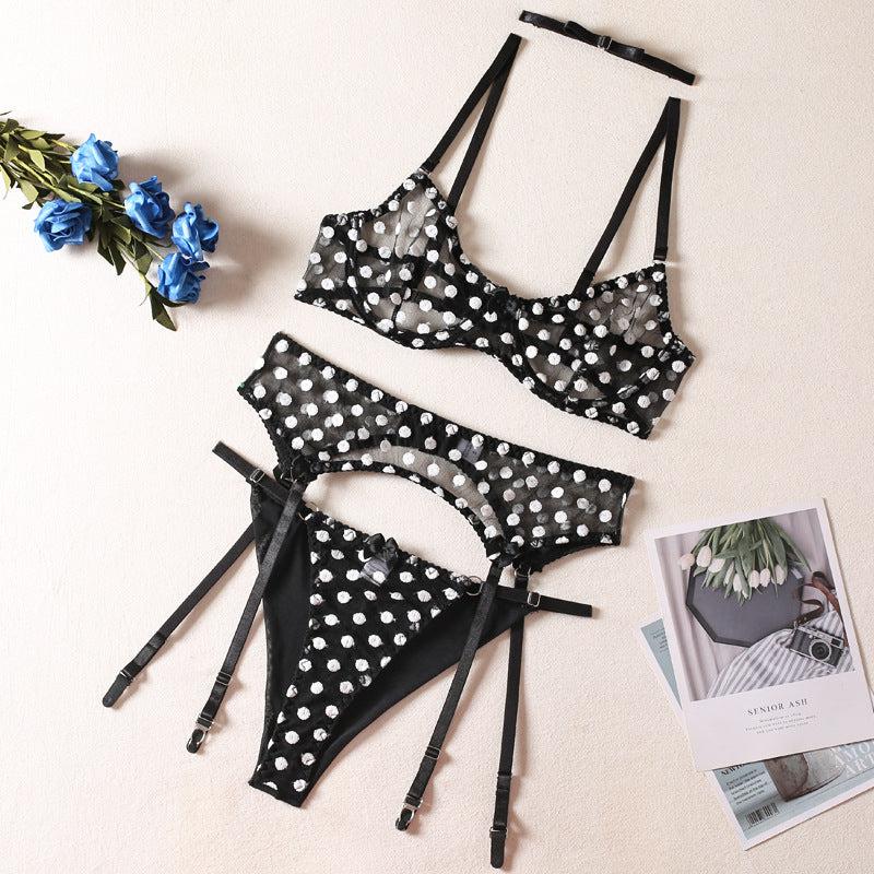 Polka Dot Whimsical Seduction: Cutout Lace 4 Piece-Bras and Briefs-StylinArts