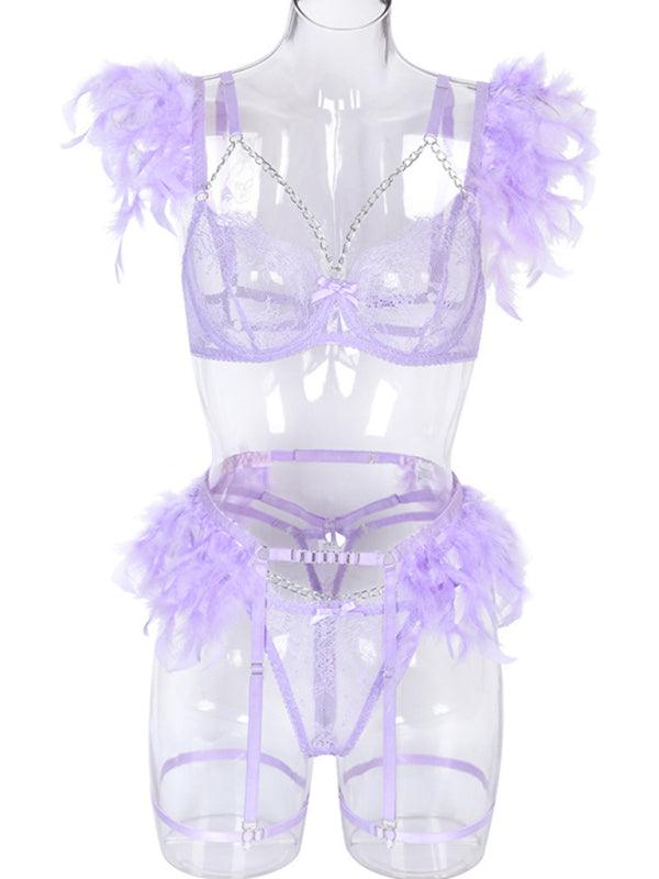 Feather 3 Piece Lingerie Set-Bras and Briefs-StylinArts