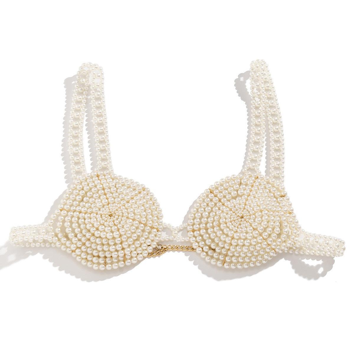 White Beaded Pearl Corset Bra-Bras and Briefs-StylinArts