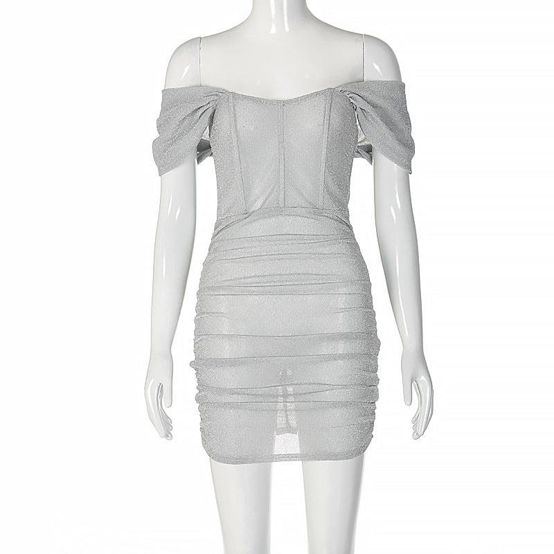 Chic Sheath Dress: Slim-Fit Pleated Sleeve Off-Shoulder Dress-Bustier Dress-StylinArts