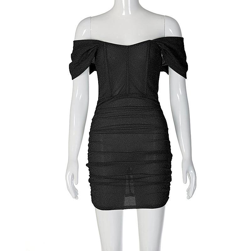 Chic Sheath Dress: Slim-Fit Pleated Sleeve Off-Shoulder Dress-Bustier Dress-StylinArts