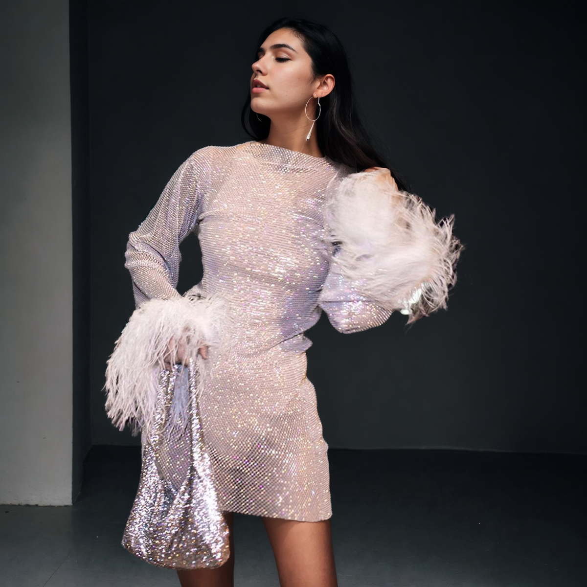 Trendy Autumn: Glittering Mesh Dress with Furry Thin Detail - StylinArts