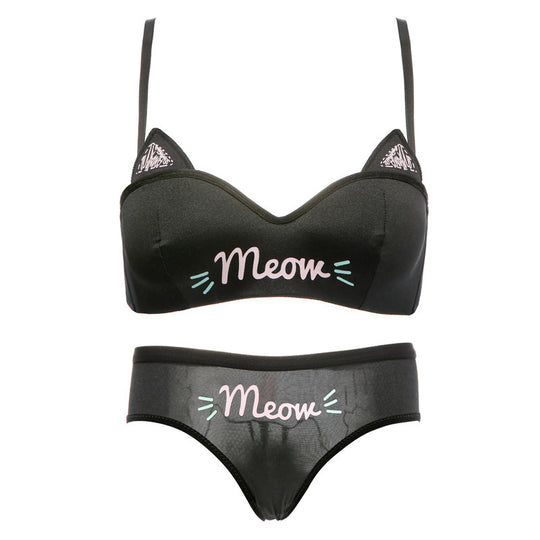 Meow Charm Lively Spandex/Lycra Bra and Panties Set-Black-32AB-Bras and Briefs-StylinArts
